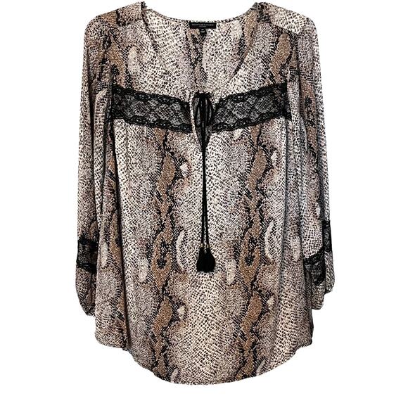 SIGNATURE STUDIO LONG SLV V-NECK TIE/KEYHOLE PULL-OVER TOP, WOMENS, 2X-TAN BROWN - Picture 1 of 10